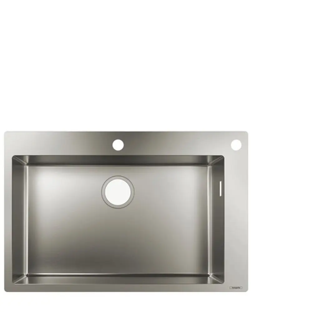 Edelstahlspüle von Hansgrohe mit rechteckiger Form, einem großen Becken und einer zentralen Abflussöffnung, ausgestattet mit zwei Bohrungen für Armaturen.